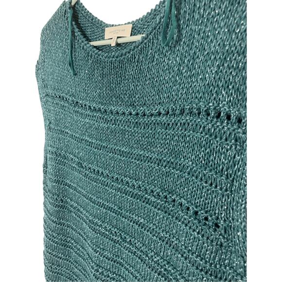 Lafayette148 Silk/Cotton Teal Open Stitch Micro Paillette CoastalGrandma Sweater - Picture 5 of 8